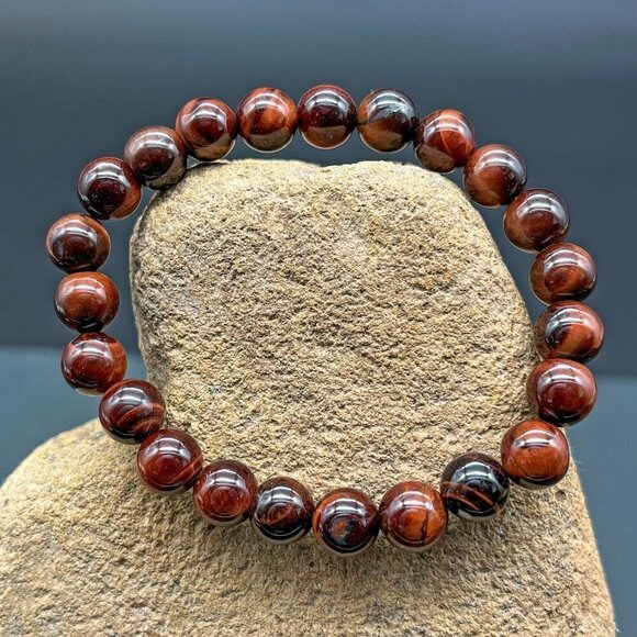 Red Tigers Eye Gemstone Stretch Bracelet Handmade - Picture 6 of 7